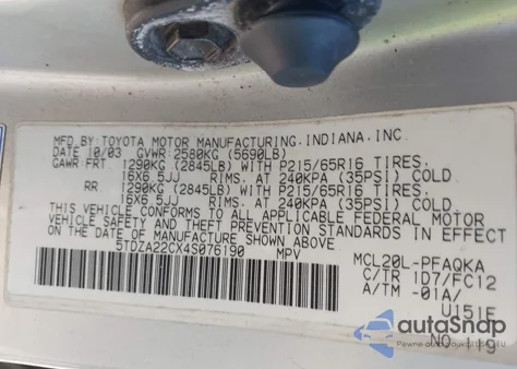 2004 Toyota Sienna Xle из США, поврежденный, VIN 5TDZA22CX4S076190